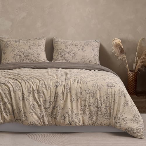 Colourful Snail Vintage Reversible Floral Duvet Cover Set, 100% Washed Microfiber Linen-Feel 3-Piece Bedding Set, Elegant Printed Rose Vine Pattern, Extra Soft, Durable & Comfortable, Tan, Queen/Full
