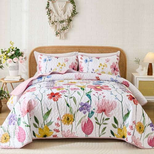 "Anibedding King Quilt Set, Pink Floral Bedspread Soft Microfiber Lightweight King Size Quilt Bedding Sets Reversible Flower Coverlet for All Season(King, 104""x90"")"