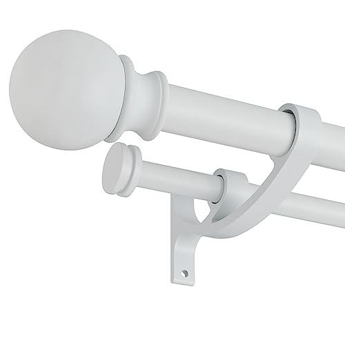 Lwiiom Double Curtain Rods with Aluminum Bouquet Brackets and Round Finials,Matte White Curtain Rods for Windows 28 to 48 inch,1-Inches Front and 5/8 Inches Back Double Window Drapery Rod for Blackout