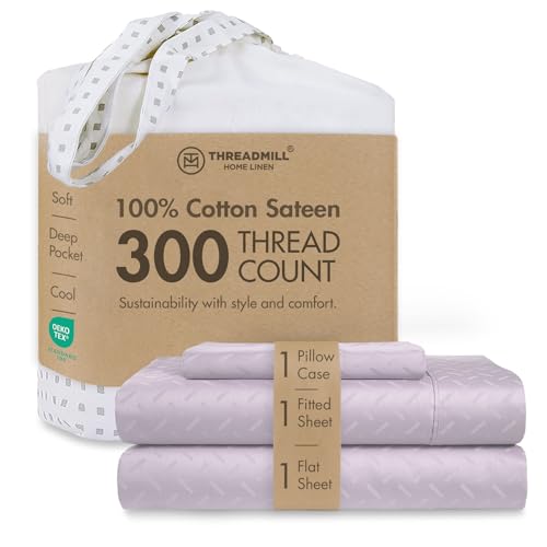 Threadmill Cotton Twin XL Sheet Set - 100% Cotton Sheets for Twin XL Size Bed - Damask Jacquard Sateen Twin XL Bed Sheets Set with 16??? Deep Pocket - Soft Breathable 3-Piece Cooling Sheet Set - Lilac