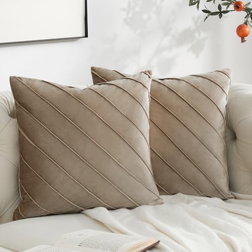 GIGIZAZA Decorative Velvet Pillow Covers 16x16, Set of 2 Tan Sofa Couch Throw Pillows Covers Cases, Living Room Square Cushion Accent Stripe Covers