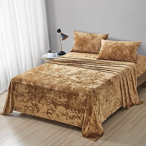 Fredsure Distressed Velvet Sheet Set, 4 Pieces Caramel Gold Queen Bedding, Ultra Soft, Warm