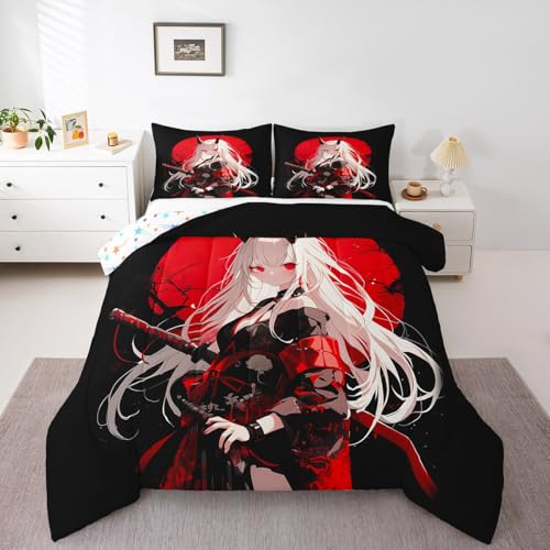Erosebridal Full Japanese Anime Bedding Set for Kids, Manga Anime Girl Comforter Set Kawaii Japanese Style Duvet Insert Cartoon Japan Animation Quilt for Boys Teens Adult Women Bedroom, Red Black