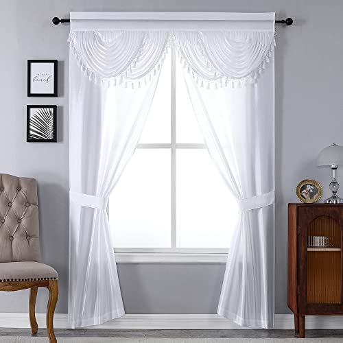Regal Home Collections Amore Curtains 5-Piece Window Curtain Set - 54-Inch W x84-Inch L Panels with Attached Valance and 2 Tiebacks - Bedroom Curtains and Living Room Curtains (White)
