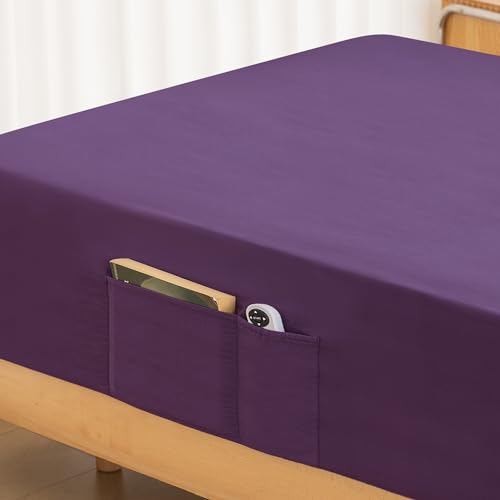 ALYVIA SPRING Twin Fitted Sheet with Side Pocket, Purple, 39x75 - Phone/Remote Storage???1 Fitted Sheet Only, Deep Pocket, Wrinkle, Fade and Shrink Resistant, Soft Microfiber Bottom Sheet