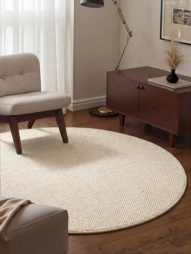 BT Carpet Wolly Round Rug - Living Room Rug Flat Weave Short Pile Wool Look Wool Skandi Look Dining Room Living Room Children's Room Bedroom - Cream, 133 cm