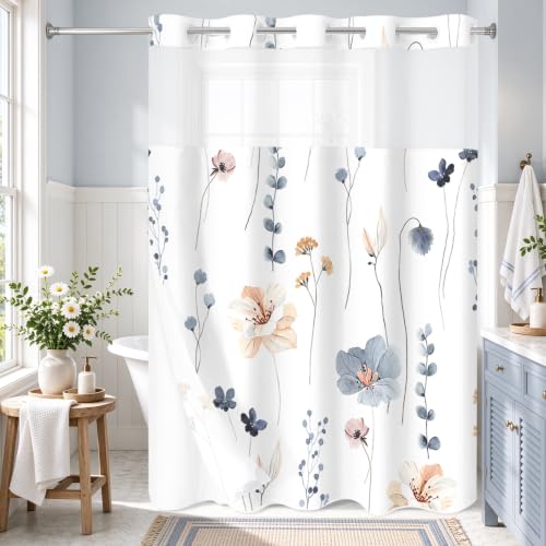Gibelle No Hook Long Floral Bathroom Curtains with Snap-in Fabric Liner Set - 72'' x 80''(78''), Hotel Style Blue Beige Modern Flower Shower Curtain with See Through Top Window, Waterproof & Washable