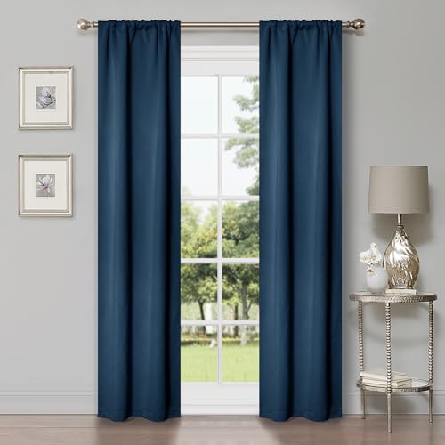 "Superior Blackout Curtains, Room Darkening, Bedroom, Living Window Accents, Sun Blocking, Thermal, Classic Modern, Solid Collection, Set of 2 Panels, Rod Pocket, 26"" x 84"", Navy Blue"