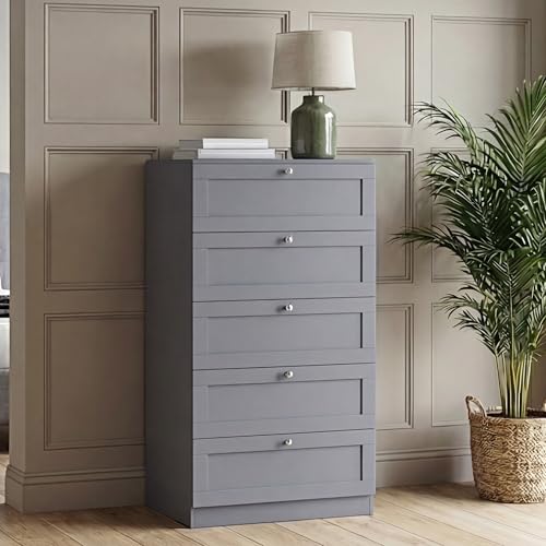 Vida Designs Altino 5 Drawer Chest of Drawers - Grey - H 121 x W 65 x D 36 cm - Bedroom Storage Unit - Easy Assembly - Clothes Storage Cabinet - Modern Shaker Style Hallway or Guest Room