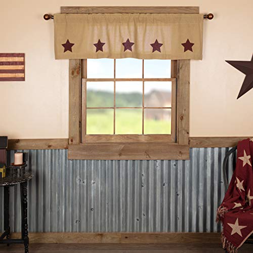 VHC Brands Country Kitchen Curtains Natural Rod Pocket Stenciled Cotton Burlap Star 16x60 Valance, Burgundy Tan