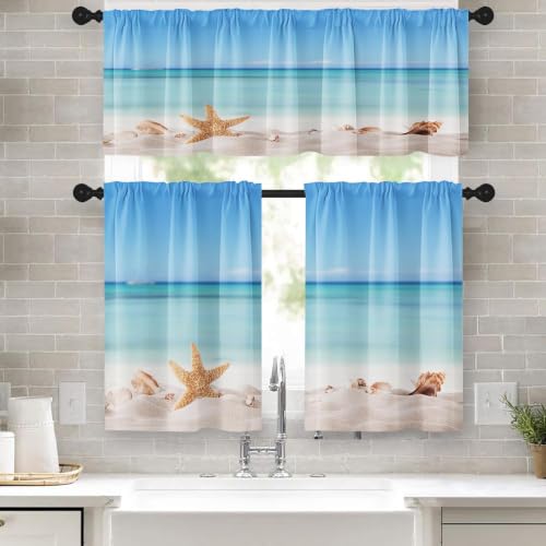 Emvency Summer Beach Kitchen Window Curtains Valance and Tier Set 36 Inch, Sea Shells 3 Piece Window Treatment Tiers for Living Room Bedroom Starfish Shore Sun Kitchen Decor Drapes