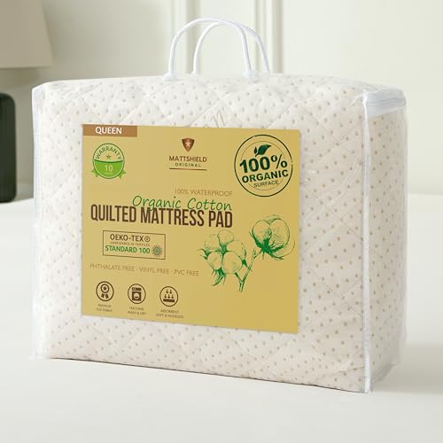 Luxury Quilted Waterproof Organic Mattress Pad Protector Queen 100% Organic Cotton Hypoallergenic Breathable Mattress Pad Cover - Premium 380 GSM Comfort - Fitted Allergy Shield, Ultimate Rest