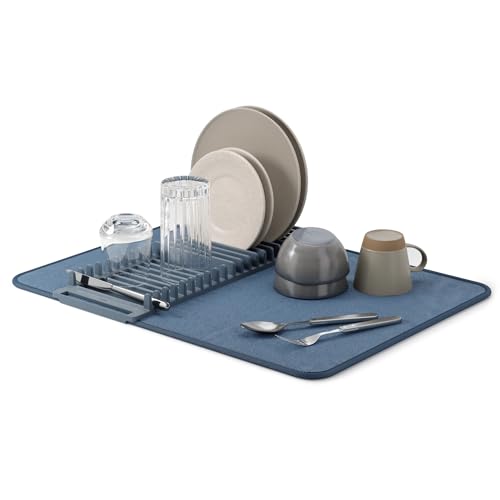 Umbra Udry Dish Drying Rack with Microfiber Mat, Foldable Drainer, Black - Protects countertop, BPA-free, recycled plastic construction