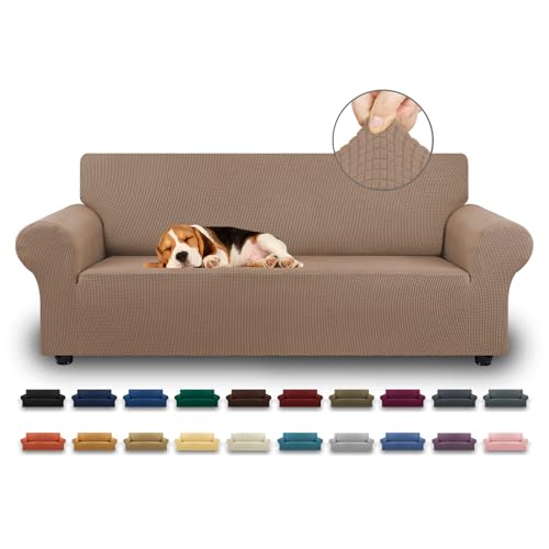 "KEKUOU Stretch Sofa Cover Slipcover ???Couch Covers for 3 Cushion Couch Sofa pet Friendly (79""-94"") Furniture Protector Sofa with Elastic Bottom for Kids,Dog, Jacquard Small Checked(Large,Camel)"