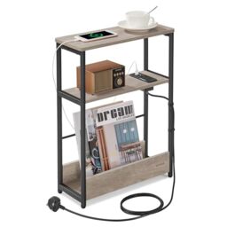 VASAGLE Slim Side Table with Charging Station, 3-Tier Narrow Bedside Table, End Table for Small Spaces, Magazine Rack, for Living Room, Bedroom, Study, Heather Greige and Ink Black LET335K06