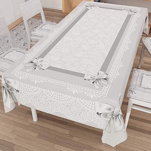 PETTI Artigiani Italiani - Stain Resistant Tablecloth Rectangular 140x180 cm 6 Seats, Wipe Clean Microfibre Kitchen Table Cover, Grey Bow Shabby Chic Design, 100% Made in Italy