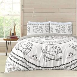 Sleepdown Tribal Elephant Mandala White Grey Black Reversible Duvet Cover Quilt Pillow Cases Bedding Set Soft Easy Care - Super King (220cm x 260cm)