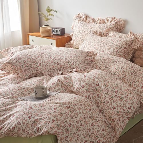 HighBuy Boho Style Comforter Set Full Size Floral Printed Comforters Pink Flowers Bohemian Bedding Sets 3 Piece for All Season Comfy Soft Full Bed Comforter Ruffle with 2 Pillowcases for Teen Girls