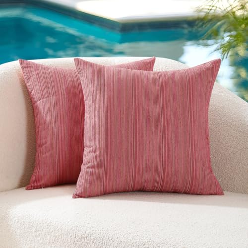 VAKADO Outdoor Chenille Pillow Covers 18x18 Set of 2,Waterproof UV Fade Resistant Stripe Patio Pillow Cushion Covers for Furniture Decorative Porch Couch Throw Pillow Cases for Garden Hot Pink