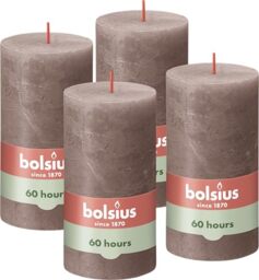 Bolsius Rustic Pillar Candles, Taupe, Set of 4, Decorative Household Candles, Burning Length Time 60 Hours, Unscented, Natural Plant Wax, Without Palm Oil, 13 x 7 cm