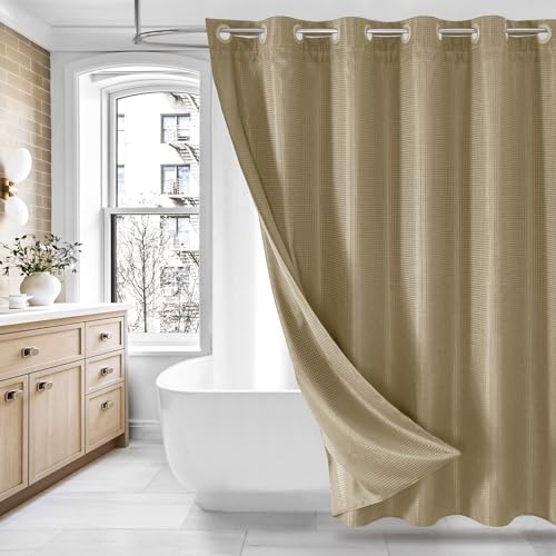 MitoVilla Beige Long Shower Curtain Liner Set 72 x 80, No Hooks Needed 80 inch Long Heavyweight Fabric Shower Curtain Set with Snap-in Liner for Hotel Grade Spa-Like Bathroom Decor, Beige/Khaki