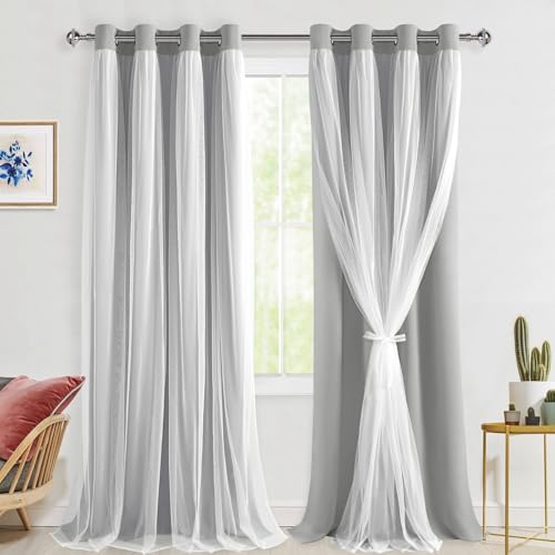 Hiasan Blackout Curtains with White Sheer Overlay, Mix & Match Double Layer Thermal Insulated Room Darkening Curtains for Bedroom, Living Room, 2 Window Panels with Tiebacks, Silver Grey, 52W X 96L
