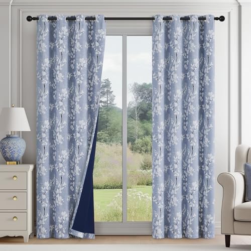 FMFUNCTEX 100% Blackout Blue Floral Curtains 90 Inch Long Grommet 2 Panels - 100% Black Out Drapes, Blossom Patterned, Thermal Insulated, Cottage Farmhouse, for Living Room, Grommet Top, White on Blue