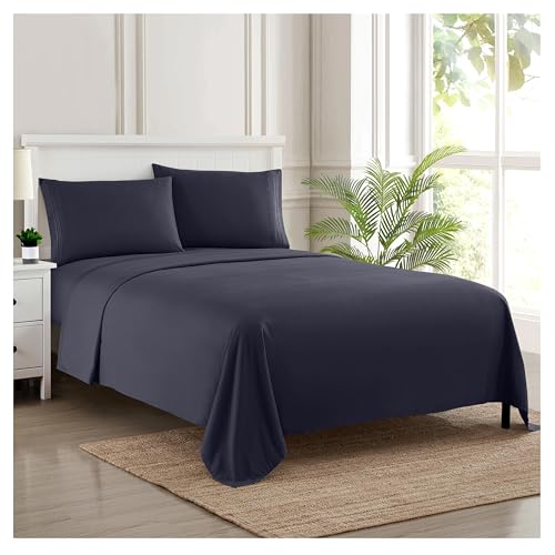 Sweet Home Collection Luxury Bedding Set with Flat, Fitted Sheet, 2 Pillow Cases, Microfiber, Navy, Split King Size