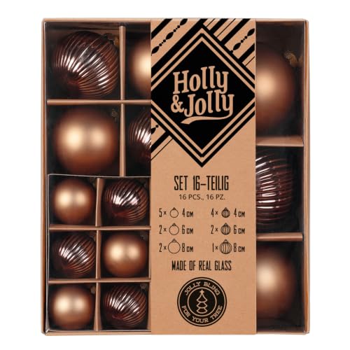 Christmas Baubles, Pack of 16, 4.6.8 cm, Assortment with Grooves, Textured Balls, Decorative Christmas Tree Baubles (Elegant Lounge, Brown)