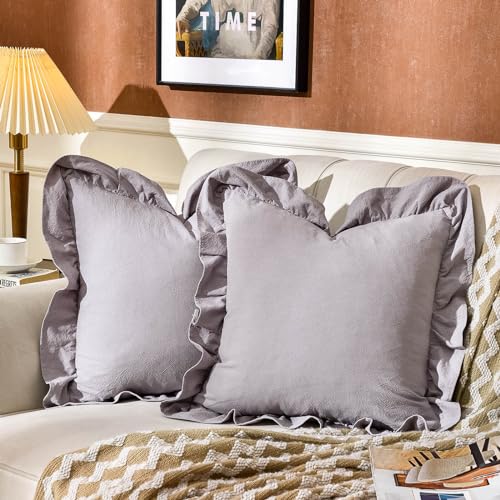 AmHoo Pack of 2 Throw Pillow Covers 100% Cotton Pre Washed Ruffle Decorative Pillowcase Cushion for Couch Sofa Bedroom 20 x 20-Inch Light Grey