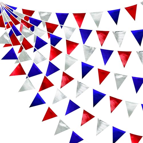 Red Blue Silver Party Decorations Metallic Fabric Triangle Pennant Banner Flag Bunting Garland for Graduations 4th of July American USA National Day Patriotic Veterans Birthday Outdoor Party Supplies