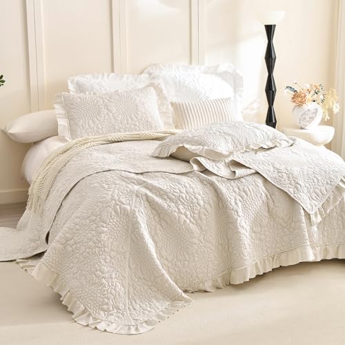 Lady Ann Wheat Oversized King Bedspreads 128x120 for Extra Bed, 3Pcs Stone-Washed Quilt Set Soft Bedding Set, Quilted Crinkled Blanket Farmhouse Rustic Shabby Bedding Covers Chic for All Season