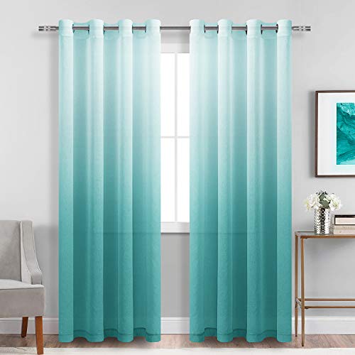 DWCN Faux Linen Ombre Sheer Curtains - Gradient Semi Voile Drapes Bedroom and Living Room Curtains, Set of 2 Grommet Top Window Curtain Panels, 52 x 90 Inch Length, Teal