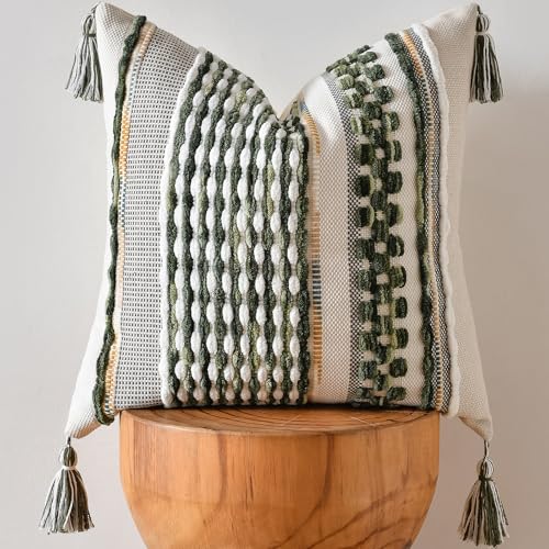 AmHoo Chenille Striped Textured Boho Throw Pillow Covers Aesthetic with Tassels Woven Decorative Pillow Case for Couch Bed Sofa Bedroom Modern Funky 18 x 18-Inch Sage Green