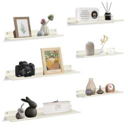 Uten Floating Shelves, Rustic Iron Wall Shelves Set of 6, Decorative Photo Book Display Shelves for Bedroom, Living Room, Kitchen, Bathroom and Office, White with Gold Specks