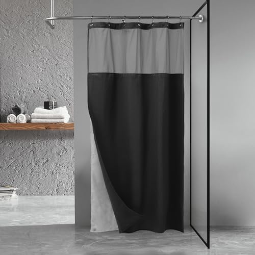 "N&Y HOME Stall Waffle Weave Shower Curtain with Snap-in Fabric Liner & Hooks Set - 36"" x 72"" Small Shower Stall Size, Hotel Style & Mesh Top Window, Machine Washable - 36x72, Black"