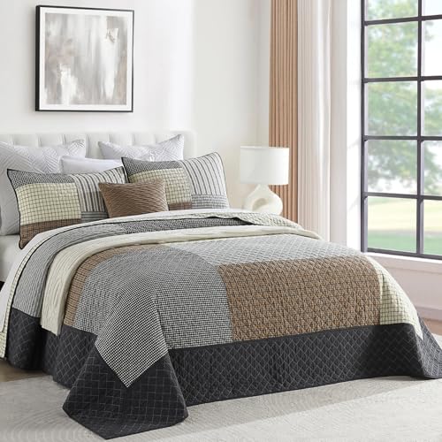 "FineStichery Oversized Quilt Bedspread 120""x120"", 100% Cotton Patchwork King Bedspreads Coverlet Set with Pillow Shams, Lightweight Quilted Farmhouse Bedding Cover, Brown/Beige/Gray"