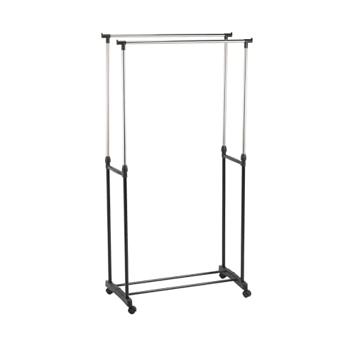 MSV Stainless Steel Rolling Clothes Rack with 2 Rods, Silver/Black
