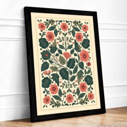 Symmetrical Floral Tapestry Botanical Framed Wall Art Print A4 Black