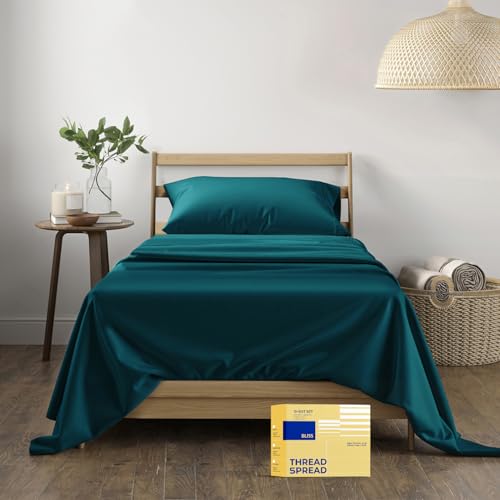 "THREAD SPREAD 100% Egyptian Cotton Twin Size Sheets Set - 3 PC 600 Thread Count Egyptian Cotton Bed Sheets Twin Size (Teal), Extra Soft, Cooling, 16"" Deep Pocket Sateen Weave Luxury Hotel Bedsheet"
