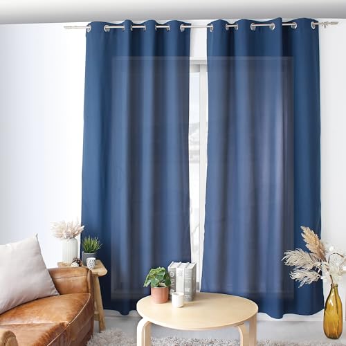 ED ENJOY HOME Navy Blue Curtain 140 x 240 cm Metal Eyelets Microfibre Fabric Cotton Voile Look for Bedroom and Living Room