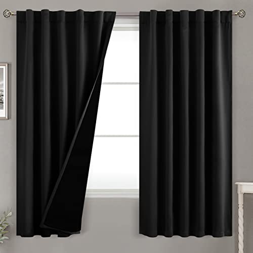BGment Full Blackout Curtains with Thermal Insulation Liner Curtains 63 Inches Long, Rod Pocket and Back Tab Double Layer Room Darkening Window Curtain for Bedroom(42 x 63 Inch, 2 Panels, Black)