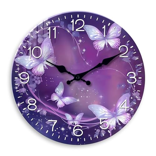 Constantplanet Purple Wall Clock for Girls Bedroom Analog Butterfly Wall Clock Battery Operated 12 Inch Round Glass Wall Clock Silent