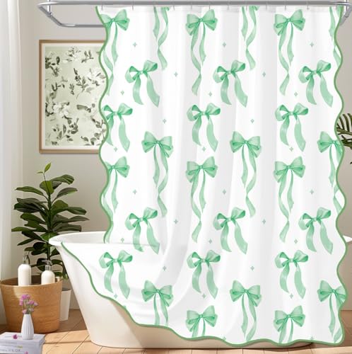 ORTIGIA Green Bow Scalloped Shower Curtain, Cute Green Shower Curtains Pretty Aesthetic Preppy Waterproof Fabric Girls Bath Bathroom Decor with Metal Hook 72 W x 72 H Inch