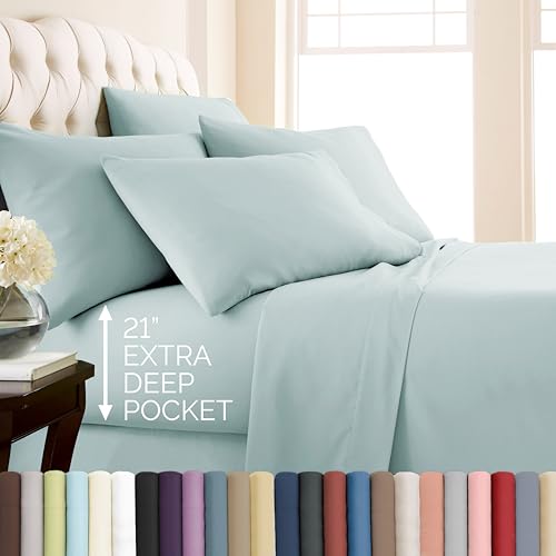 Vilano Springs, 6-Piece, 21-Inch Extra Deep Pocket Sheet Set, Premium Quality, Easy Care, Shrinkage Free Sheet Set with 1 Flat Sheet, 1 Fitted Sheet, 4 Pillowcases, Sky Blue, Queen