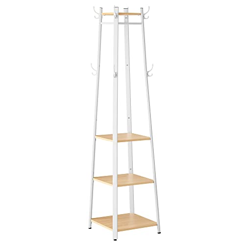 VASAGLE Coat Stand, Coat Rack with 8 Double Coat Hooks, 4 Shelves, Clothes Rails, Metal Frame, for Jackets, Bags, in Hallway, Bedroom, Oak and White LCR080W09