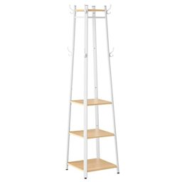 VASAGLE Coat Stand, Coat Rack with 8 Double Coat Hooks, 4 Shelves, Clothes Rails, Metal Frame, for Jackets, Bags, in Hallway, Bedroom, Oak and White LCR080W09