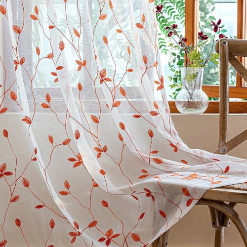 AmHoo 2 Panels Embroidered Leaf Pattern Semi Sheer Curtains Foliage Floral Voile Window Draperies Treatment for Bedroom Living Room Rod Pocket White Burnt Orange 53 x 63 Inch