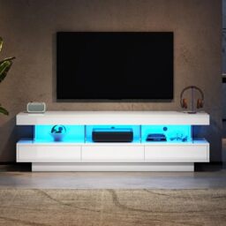 Ball & Cast TV Stand Cabinet, High Gloss TV Unit with LED Lights via Bluetooth, White TV Cabinet with 3 Drawers & 3 Open Storage Space, TV Unit for 70-79 inch TV, 160x38x50.5cm