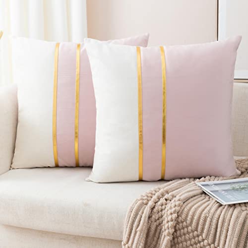 ZLINA Gold Leather Striped Throw Pillow Covers 16??16 Inch.Pink - 2-Pack,Velvet fabric two tone pillow cover,with gold leather stripe decoration cushion covers,for Sofa Bedroom Home Decor
